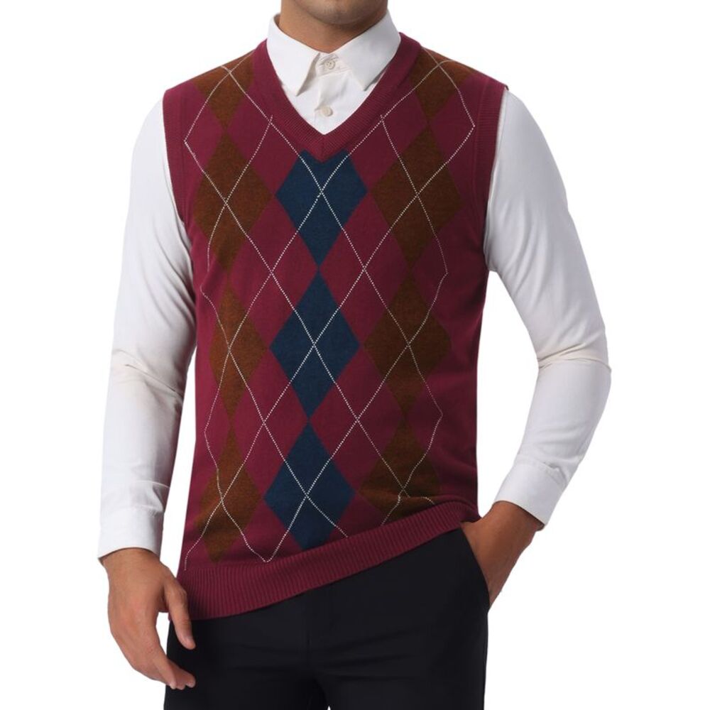 Casual Argyle Vest Sweater V Neck Slim Fit Knit Pullover Burgundy Blue